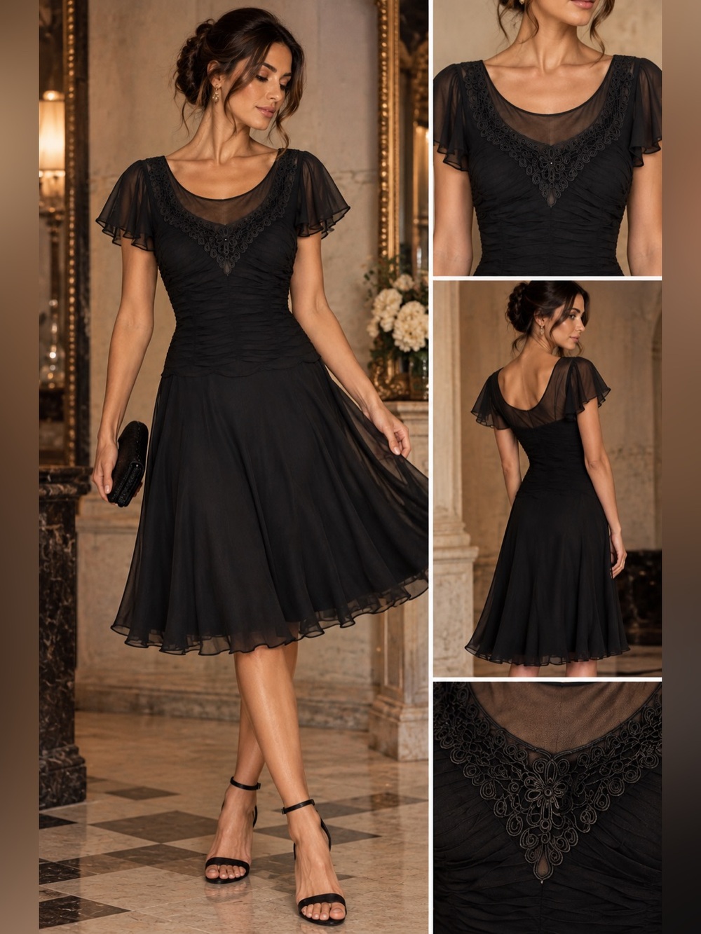 Vintage Y2K Sangria Women 8 Black Ruched Chiffon Dress Formal Cocktail Party